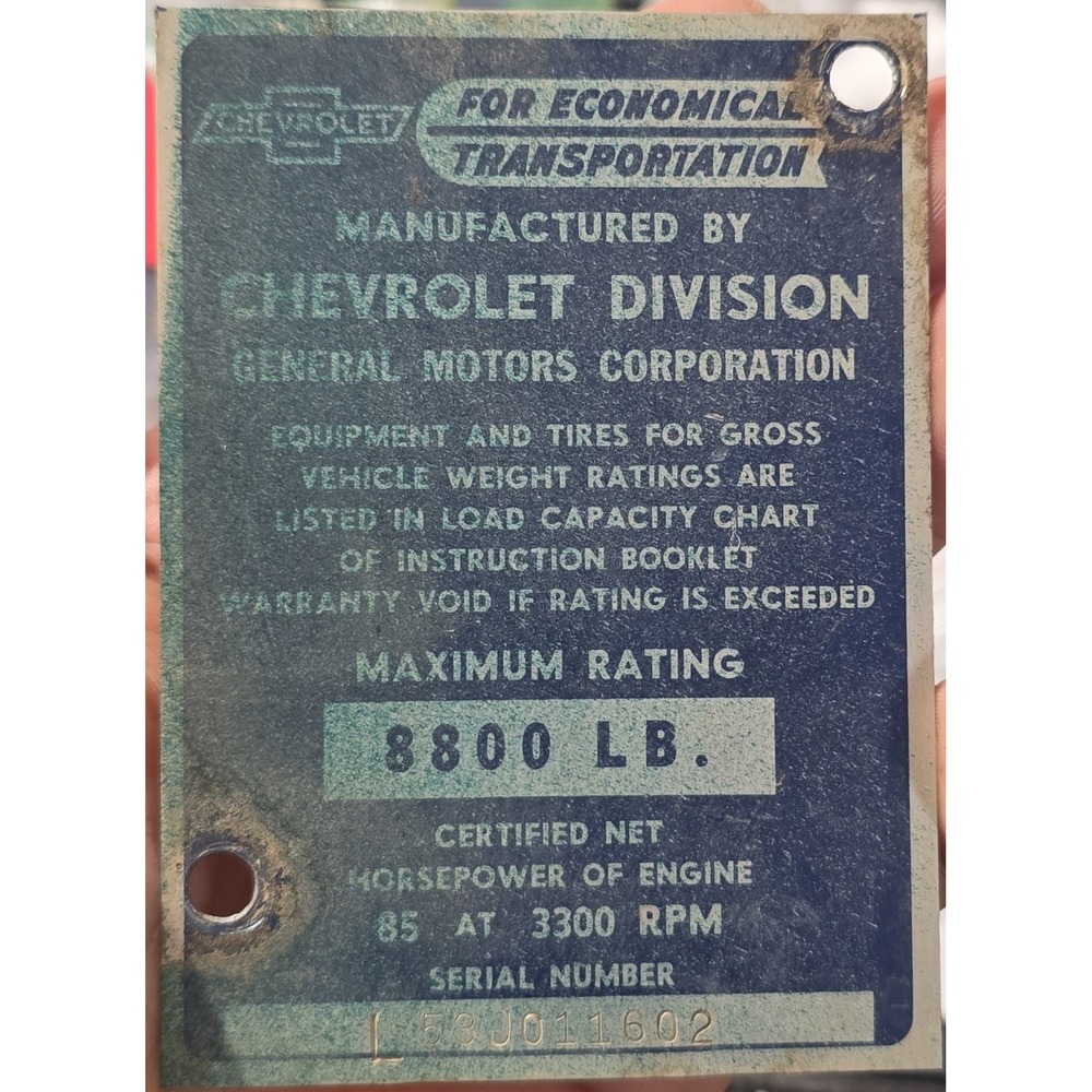 Vintage 1953 Chevrolet Truck Data Plate 8800 LB GVW GM